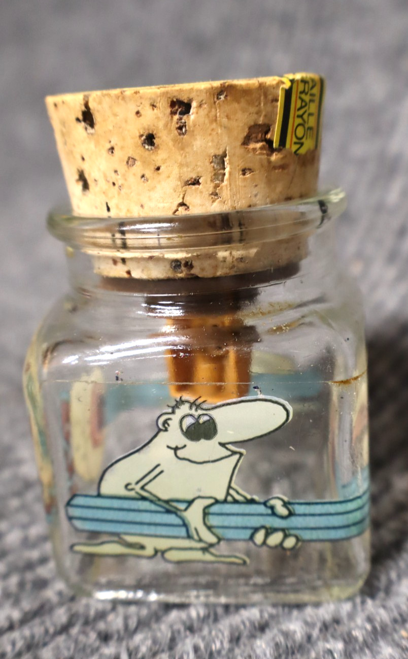 Vintage Spitzer Pencil Sharpener Glass Jar Cork Top Cartoon West Germany RARE