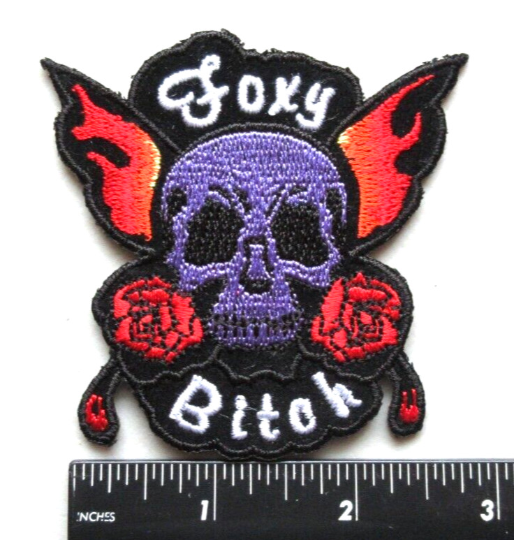 🔥FOXY BITCH PURPLE SKULL ROSES FLAMES LADY BIKERS VEST JACKET EMBROIDERED PATCH