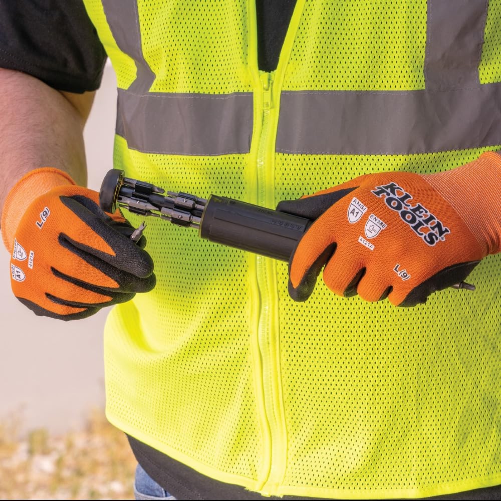 KLEIN TOOLS 60580 Work Gloves, Knit Dipped Cut Resistant Medium, Orange/Black