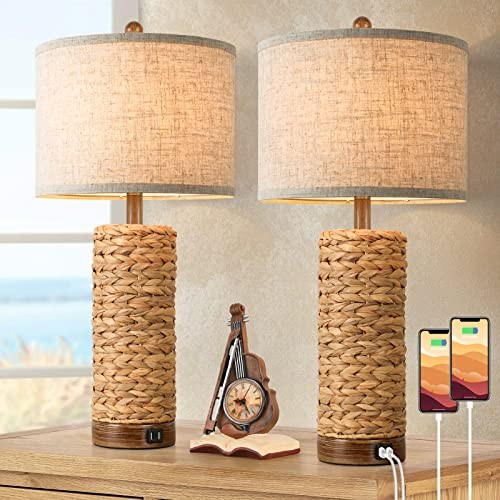 Set of Rattan Table Lamps for Living Room with USB Ports7in Tall 2 Rustic