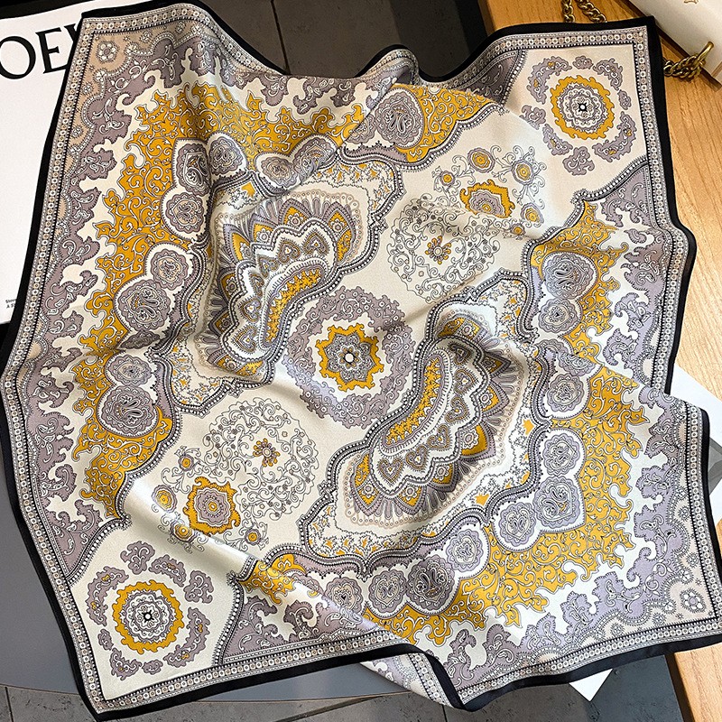 100% Silk Square Scarf Women Neckerchief Bandana Wrap Beige Yellow Paisley 68cm-
