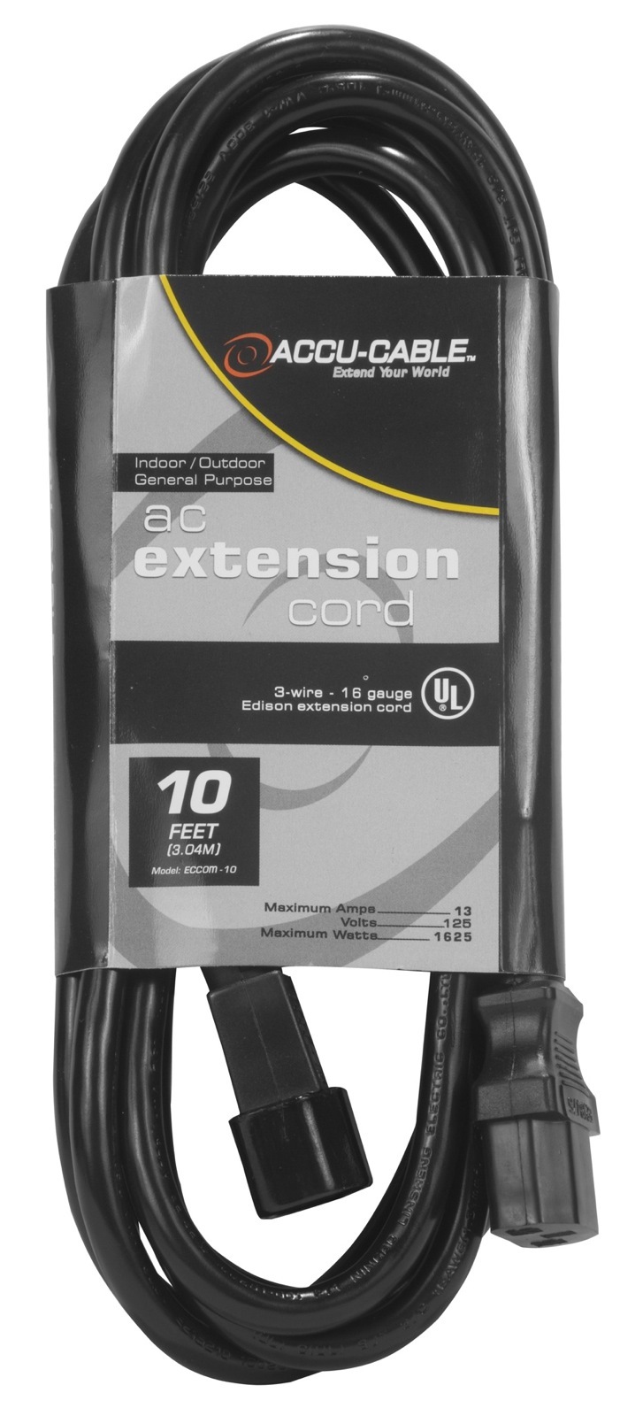 Accu Cable 10' Black, 16/3 Gauge IEC to IEC Extension ECCOM-10