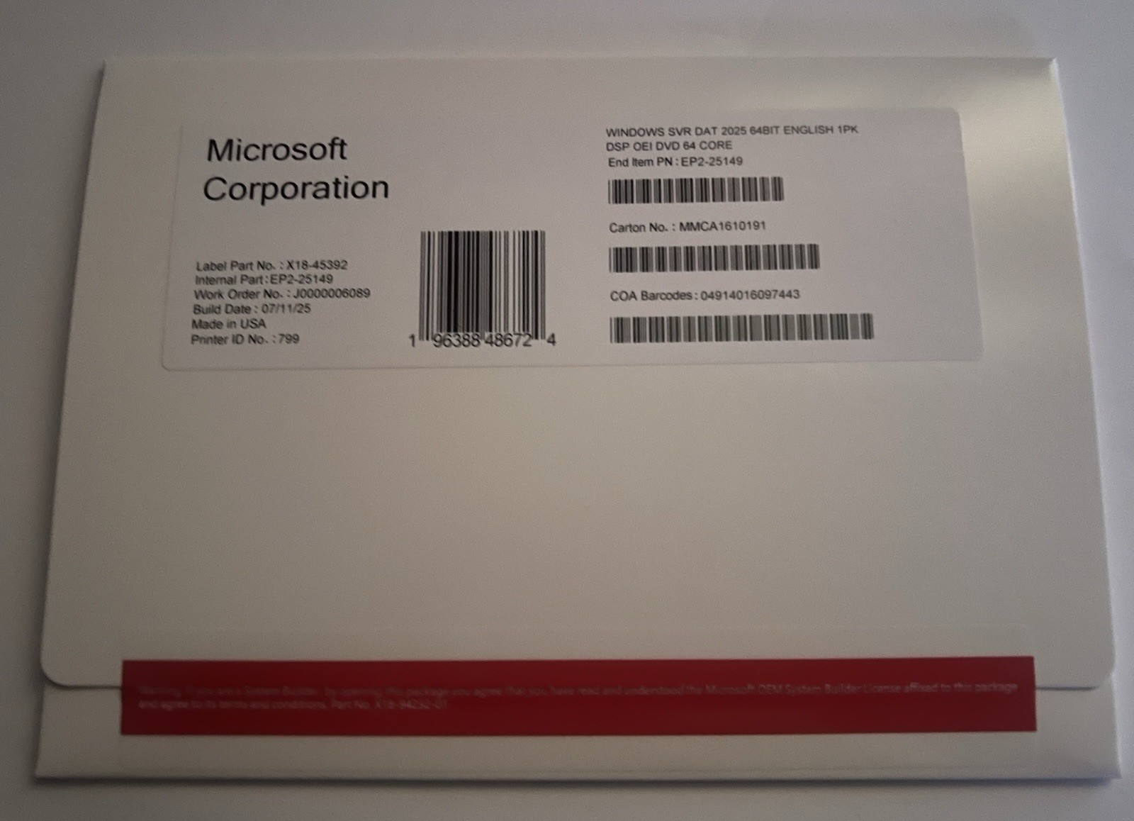 Microsoft Windows Server 2025  Datacenter 64 bit 64 Core DVD & License Key (NEW)