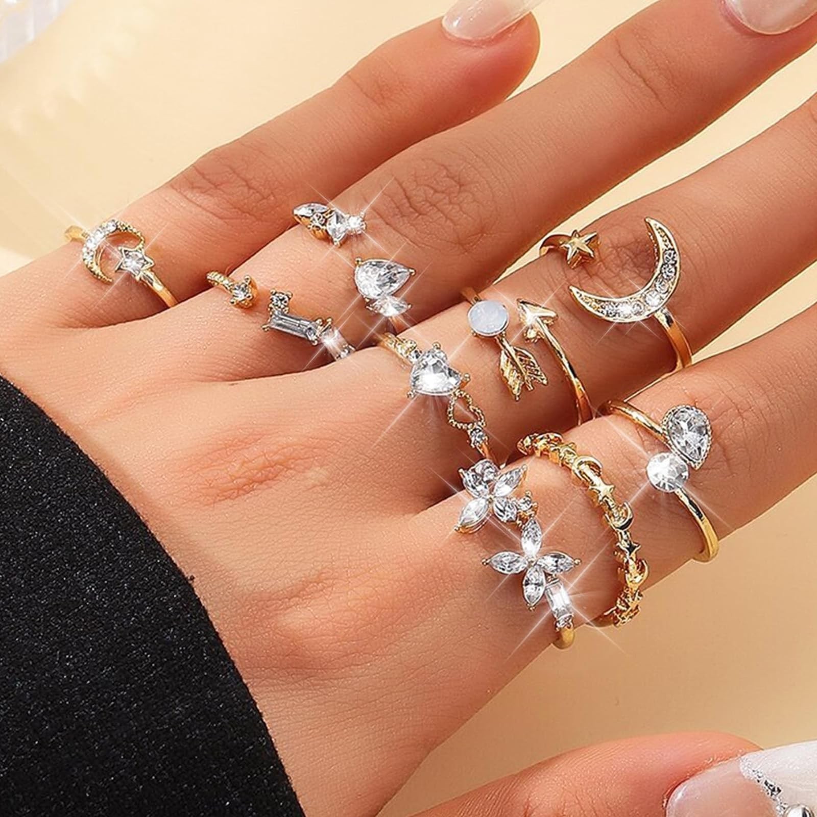 Dcfywl731 Gold Stackable Knuckle Rings Set for Women Boho Retro Star Moon Hea...