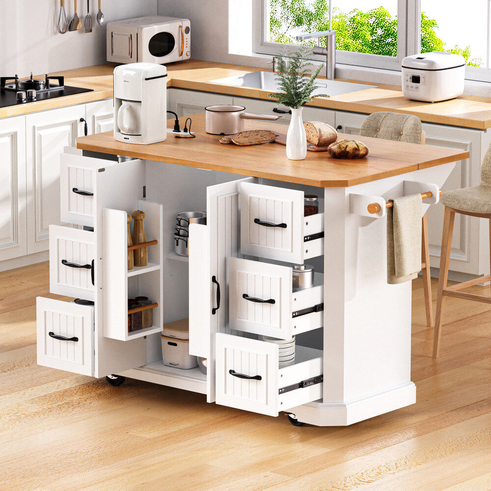 56'' Rolling Kitchen Cart with Rubber Wood, 4 Door Shelves and 6 Deep Drawers