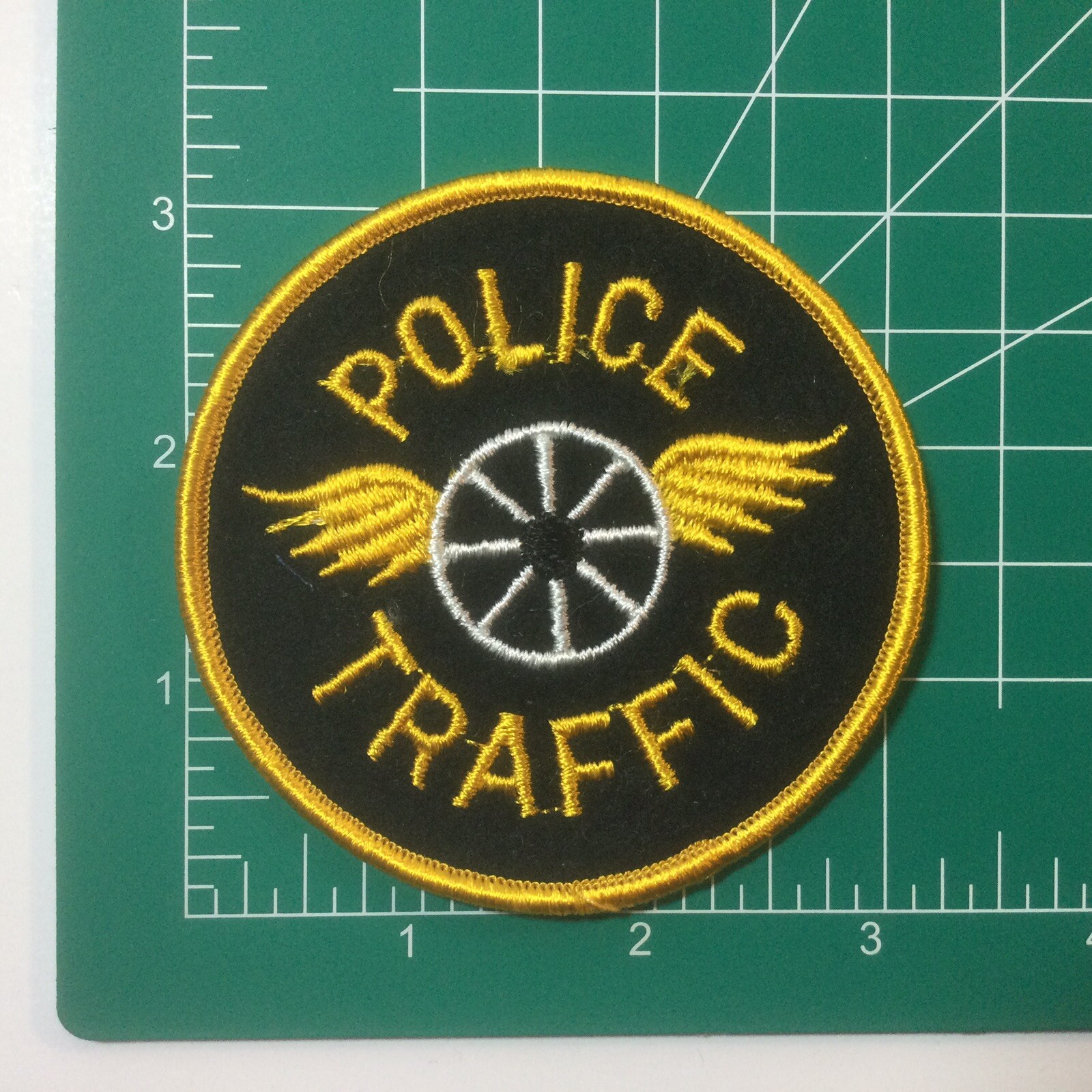 POLICE TRAFFIC  Embroidered Round Patch | Vintage | Gold on Black FELT