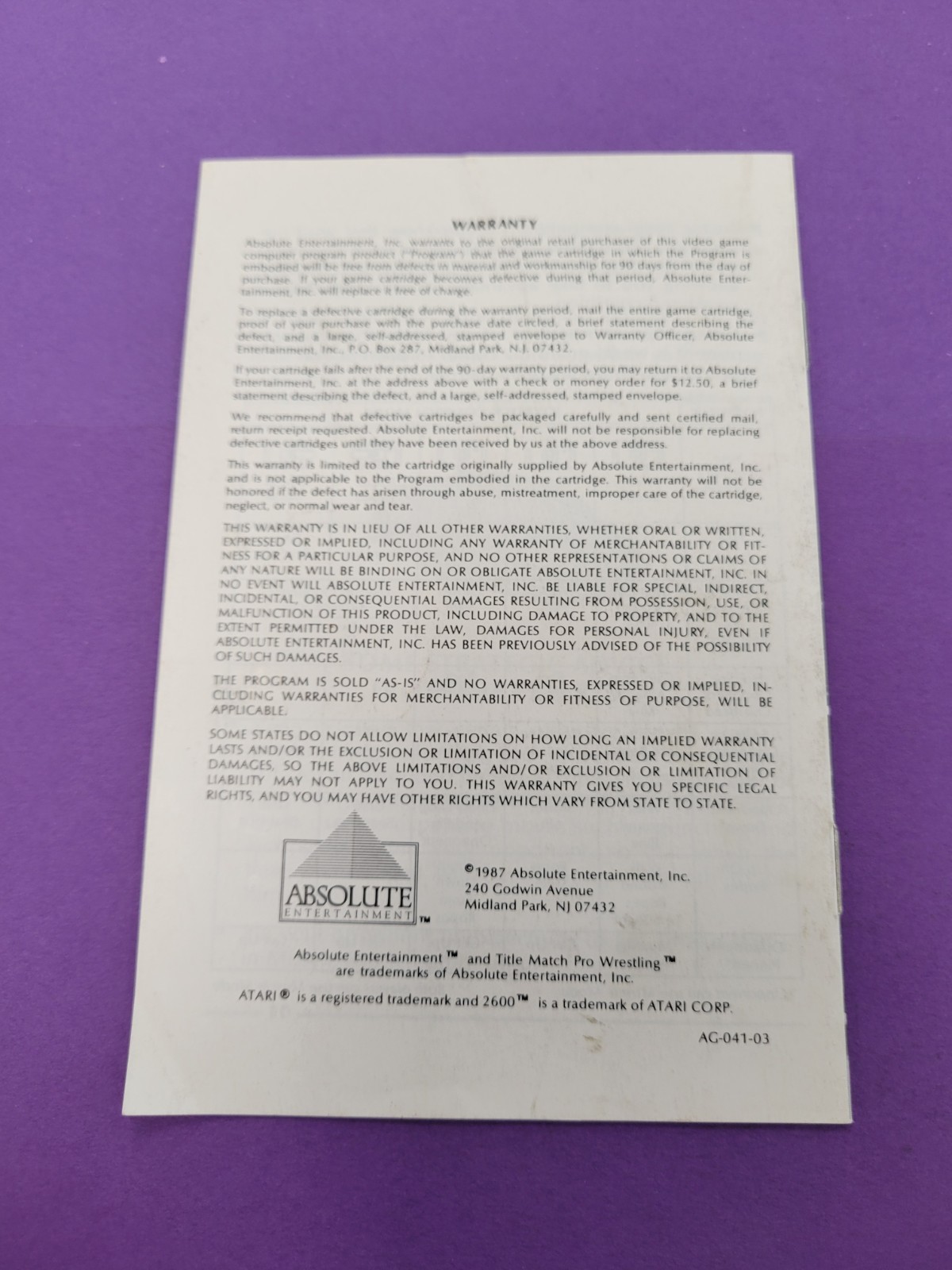 Title Match Atari 2600 MANUAL ONLY Authentic Booklet