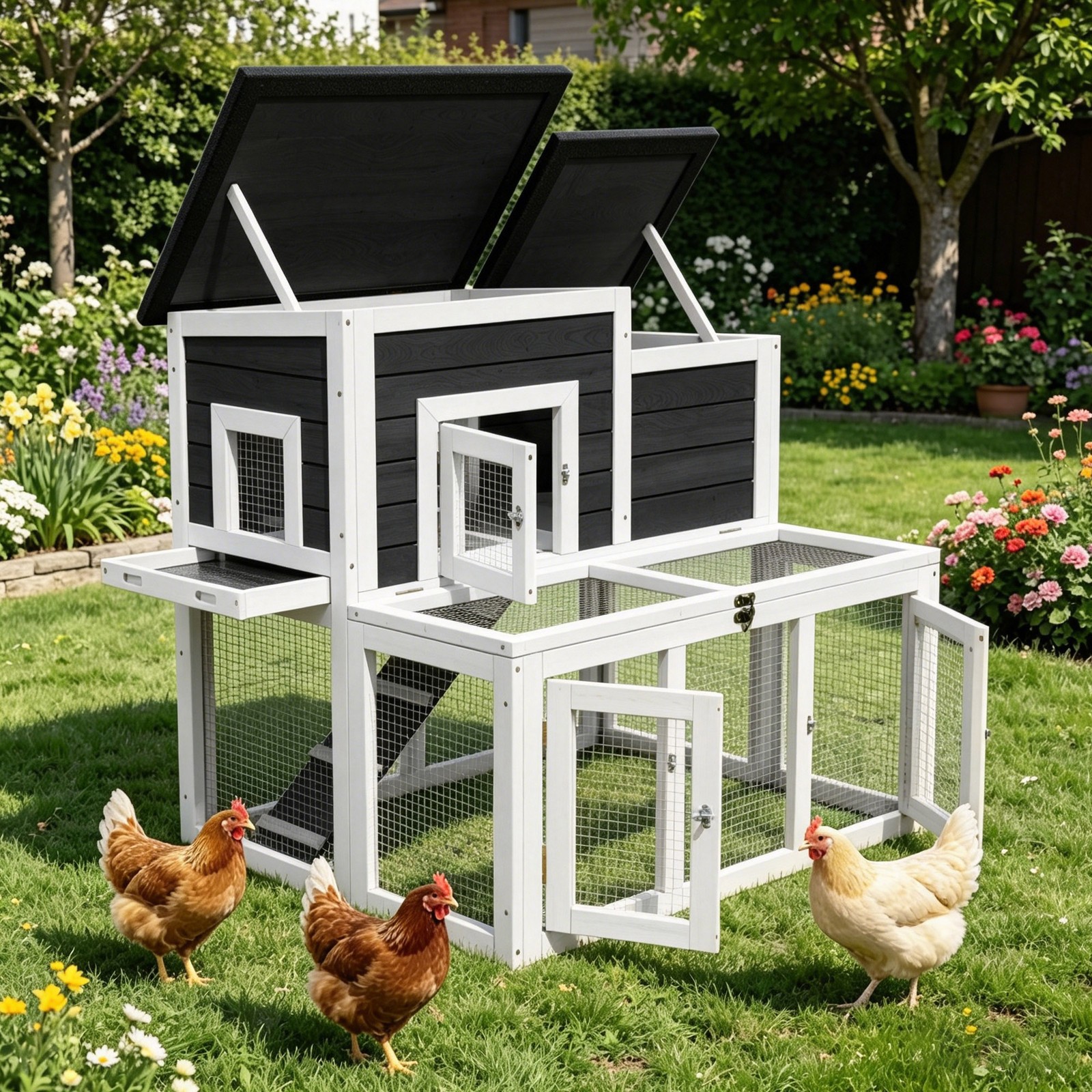 2-Tier Weatherproof Chicken Coop Double Open Roof Poultry Cage W/ Removable Tray