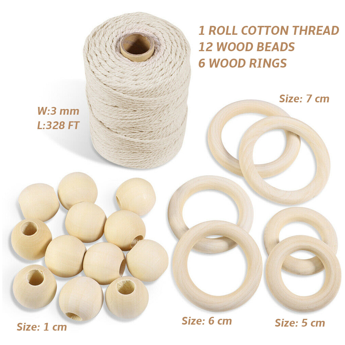 100m 3mm Natural Cotton String Macrame Artisan Thread Twisted Cord + Beads Rings