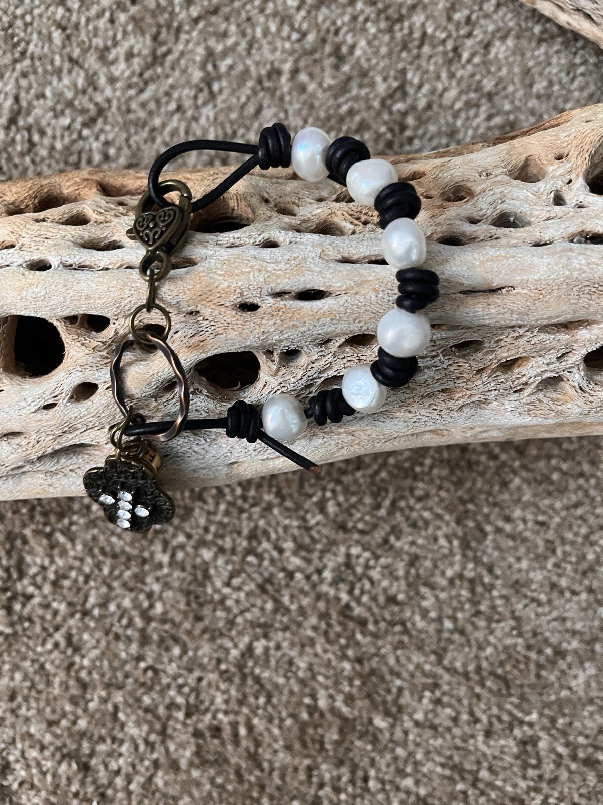 Handcrafted Cream Pearls Black Leather/Rhinestone CrossMade In USA Free Shipping