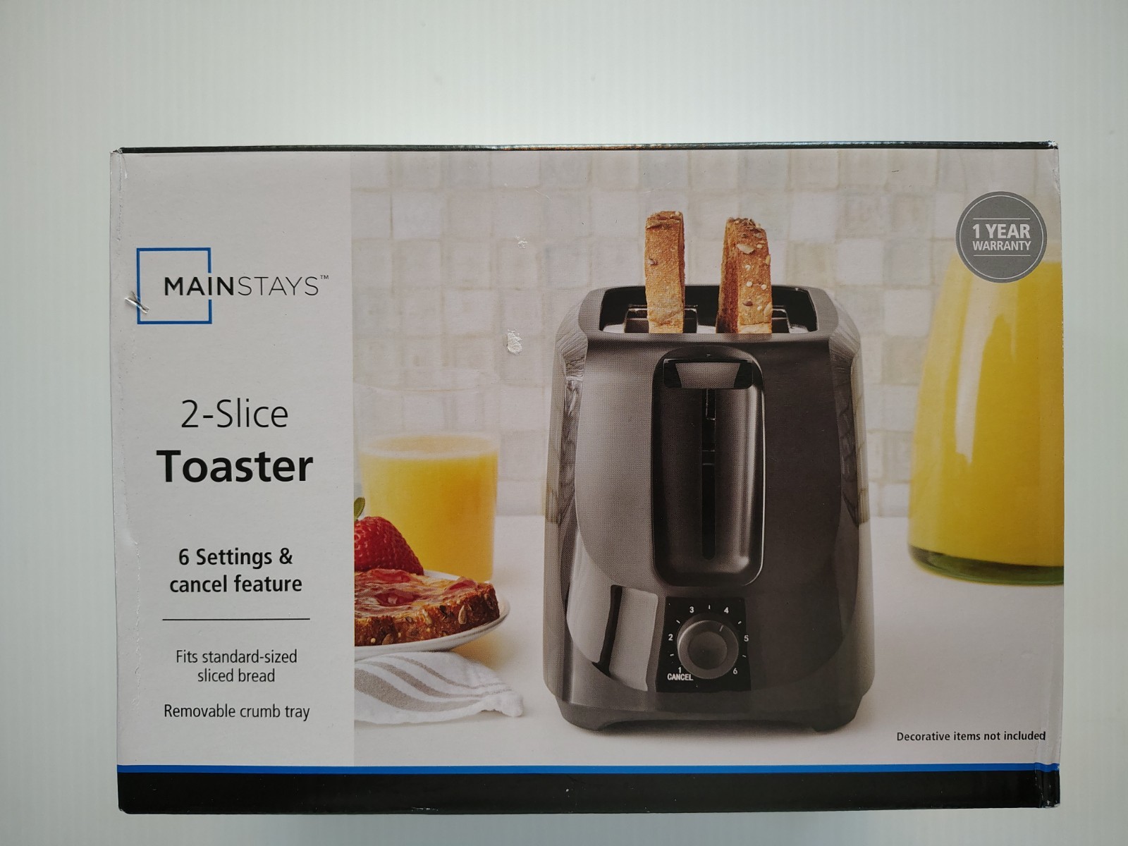 NEW Mainstays 2-Slice Toaster with 6 Settings and Removable Crumb Tray Black