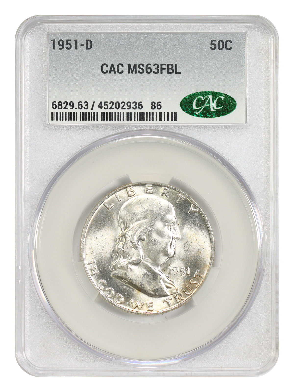 1951-D 50C CACG MS63FBL - Franklin Half Dollar
