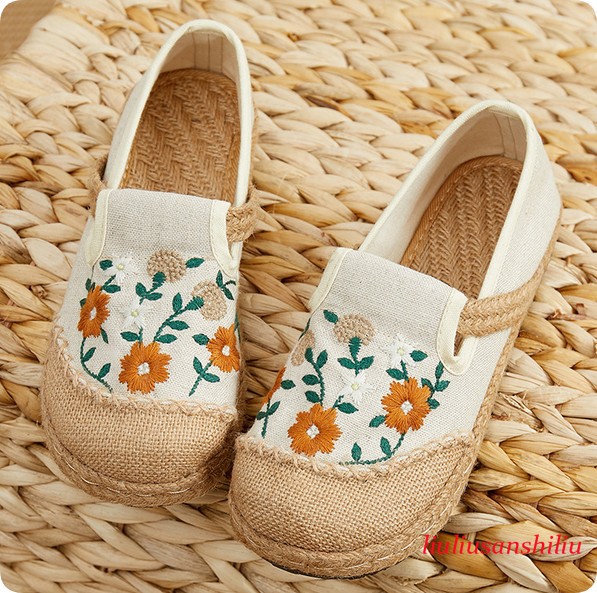 Lady Chinese Ethnic Shoes Embroidery Canvas Linen Slip on Casual Floral Loafers