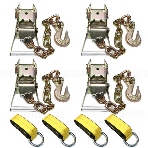 GRIPON (Pack of 4) 2in Ratchet G70 Chain Hook Tie Down with 2"x12ft Lasso Strap