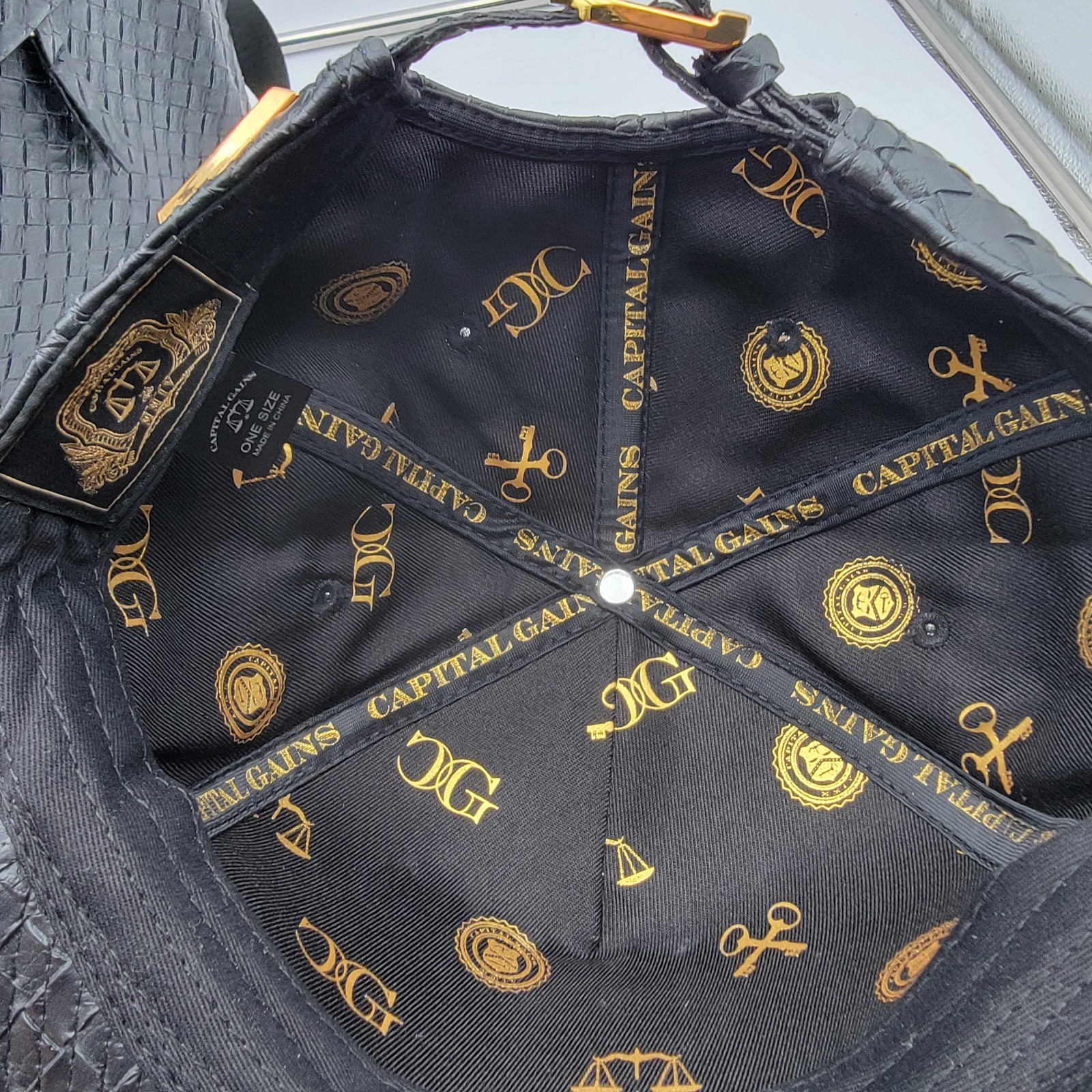 Capital Gains Black Woven Backpack + Strapback Hat Bundle NWT Gold Logo