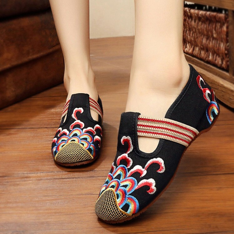 Women Ladies Ballet Shoes Pump Chinese Style Embroidered Flats T-strap M Jane
