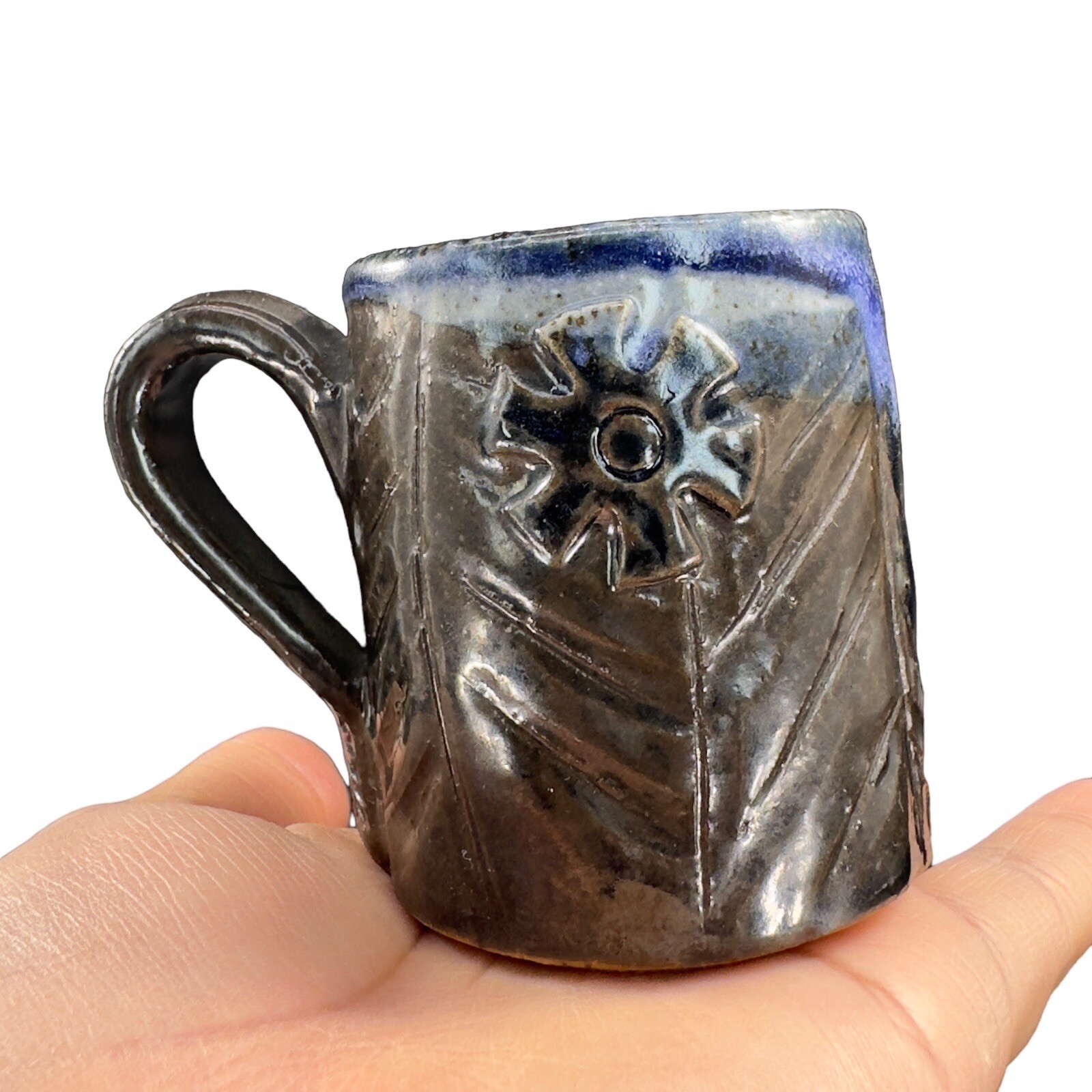Vintage 1987 Salt Glaze Stoneware Pottery Small Coffee Cup Mug With Flower Sign