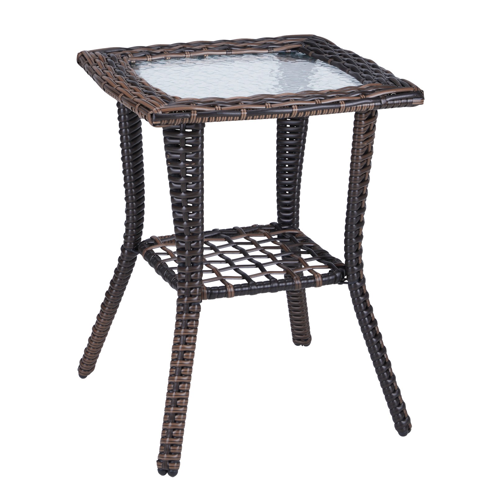 Wicker Side Table, Rattan End Table with Glass Top, Patio Coffee Bistro Table