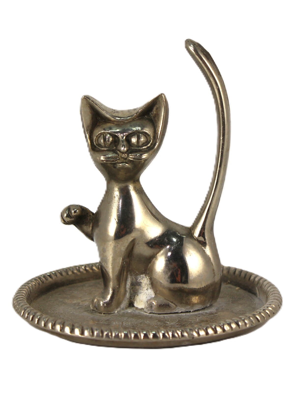 Vintage Cat Ring Holder Figurine Floral Etched Tray Midcentury Silver Plate
