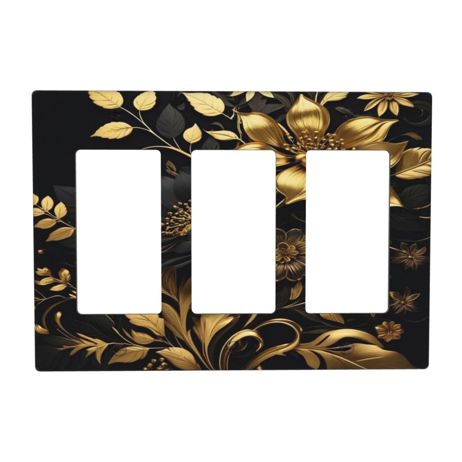WUYOCHA Black Gold Flowers Leaves Triple Outlet Wall Plate 3 Gang Rocker Deco...