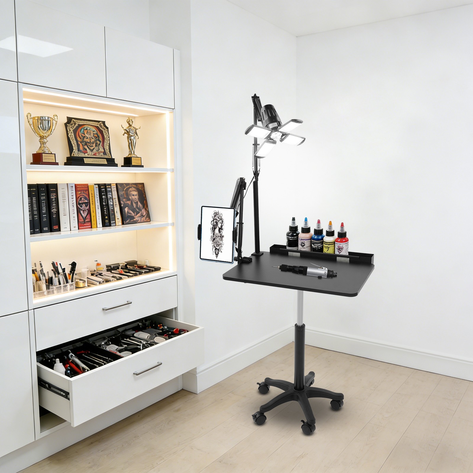 Black Salon Rolling Workstation With Led Light Adjustable Height Workstation
