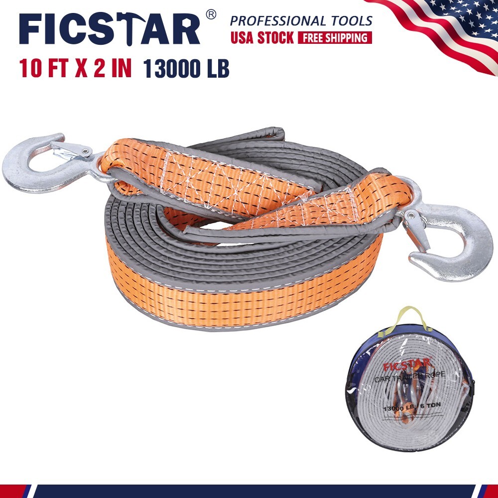 Tow Strap with Hooks 2”x10’ Car Vehicle Heavy Duty Recovery Rope 13,000 lb