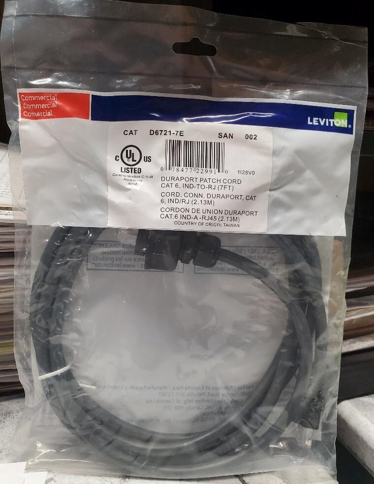 New Genuine Factory Sealed Leviton D6721-7E Industrial Patch Cord Cat6 7 Feet