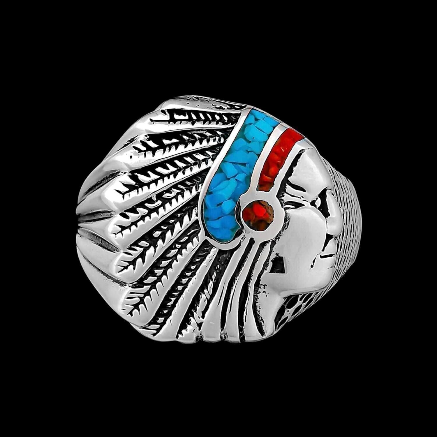 Turquoise and Coral Southwestern Warbonnet Ring
