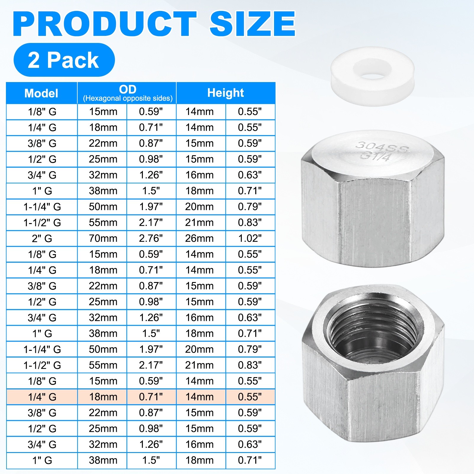 2-Pack Hex End Cap, 1/4 Inch g Female Thread Pipe Fitting