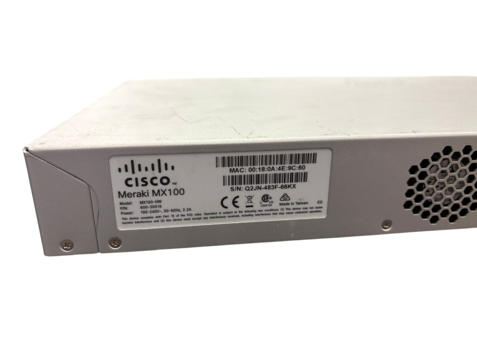 Cisco Meraki MX100-HW Cloud Managed Security Appliance Firewall - Unclaimed