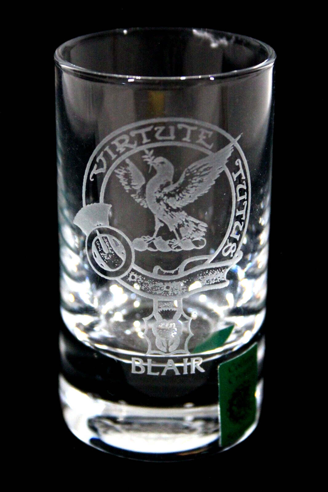COLLINS CRYSTAL SCOTLAND SHOT GLASS ETCHED CLAN NAME & CREST - BLAIR