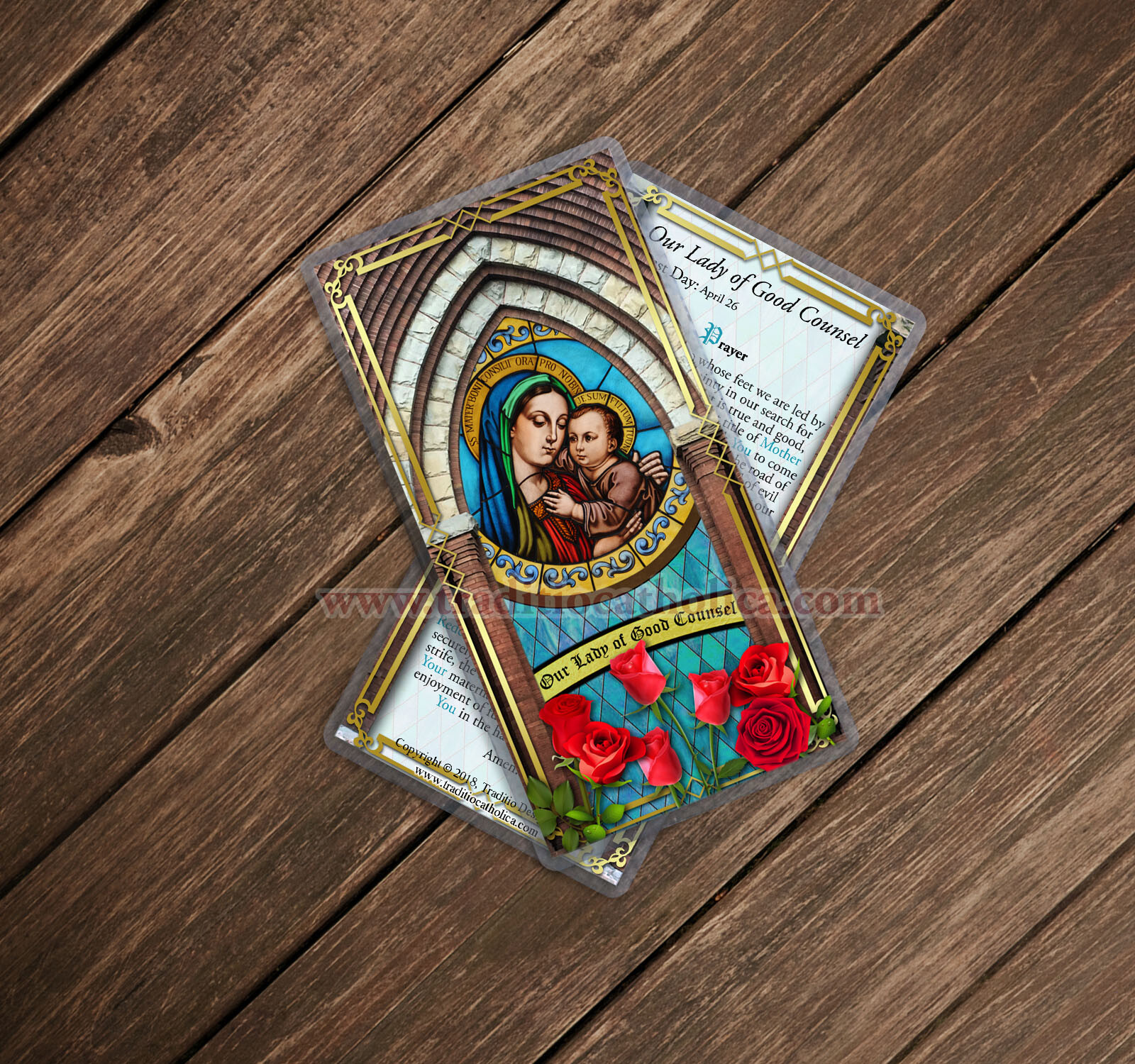 Our Lady of Good Counsel Stained Glass laminated Holy Prayer card. Stained Glass