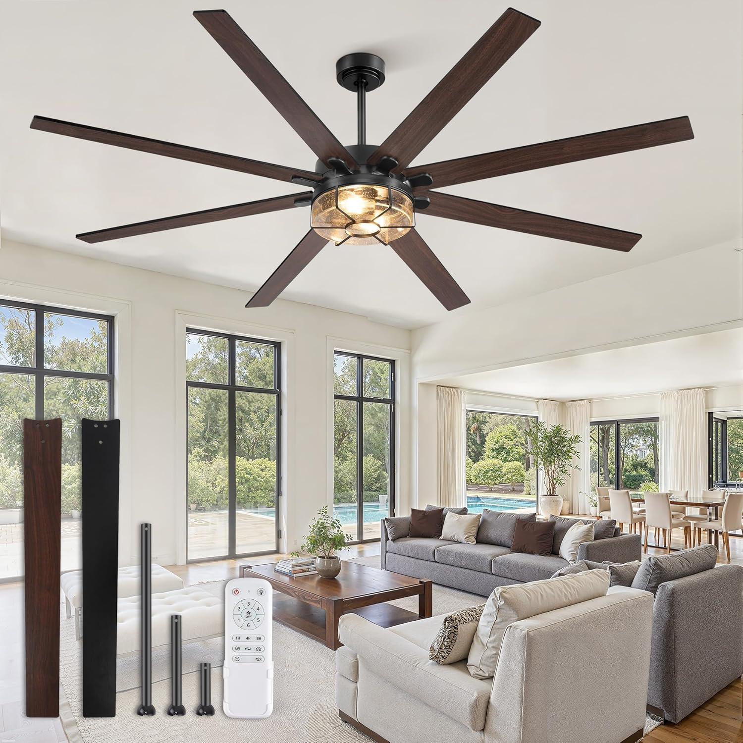 72" Rustic Ceiling Fan with Lights, Remote Control & Silent DC Motor