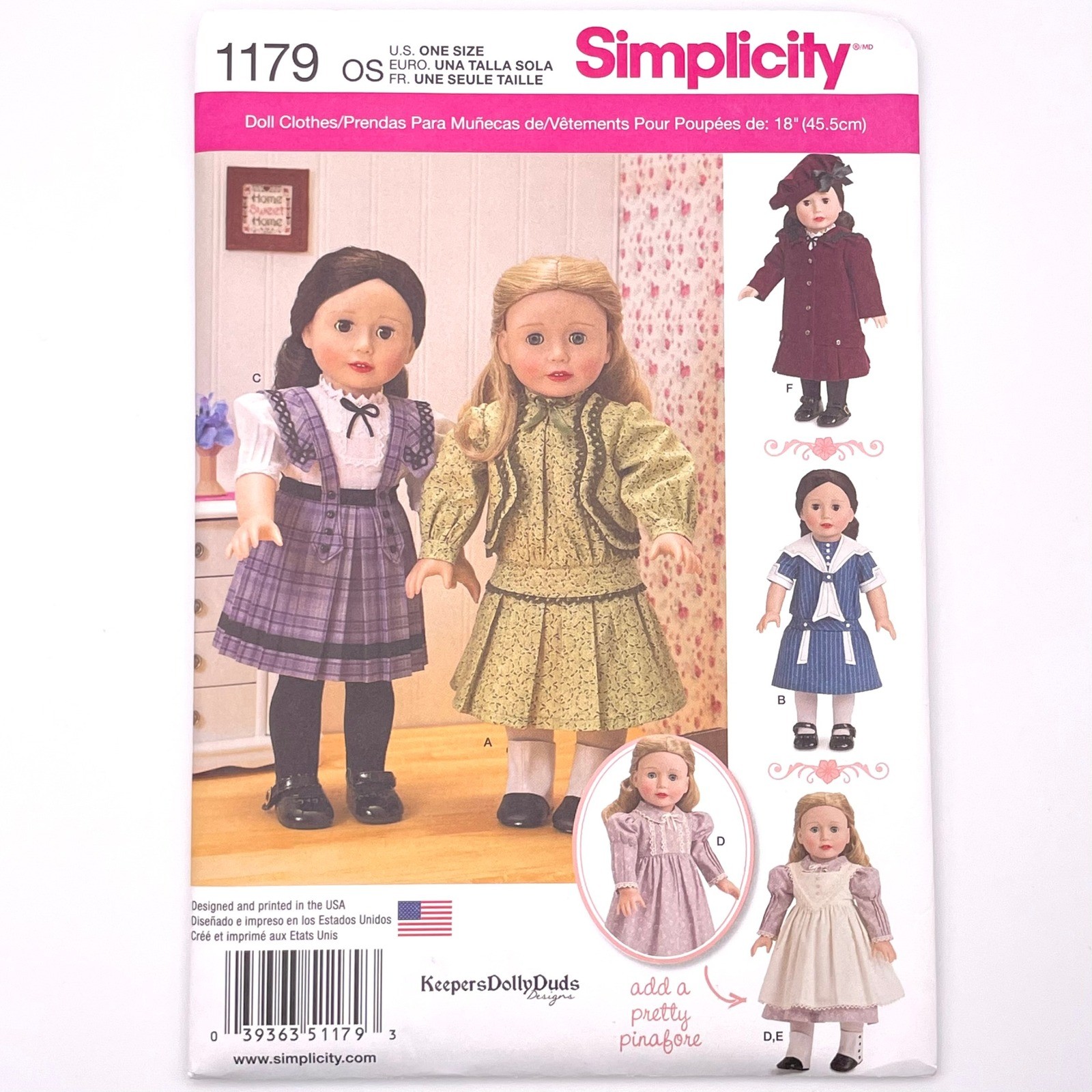 Simplicity 1179 Keepers Dolly Duds 18" Doll Historical Vintage Inspired Uncut