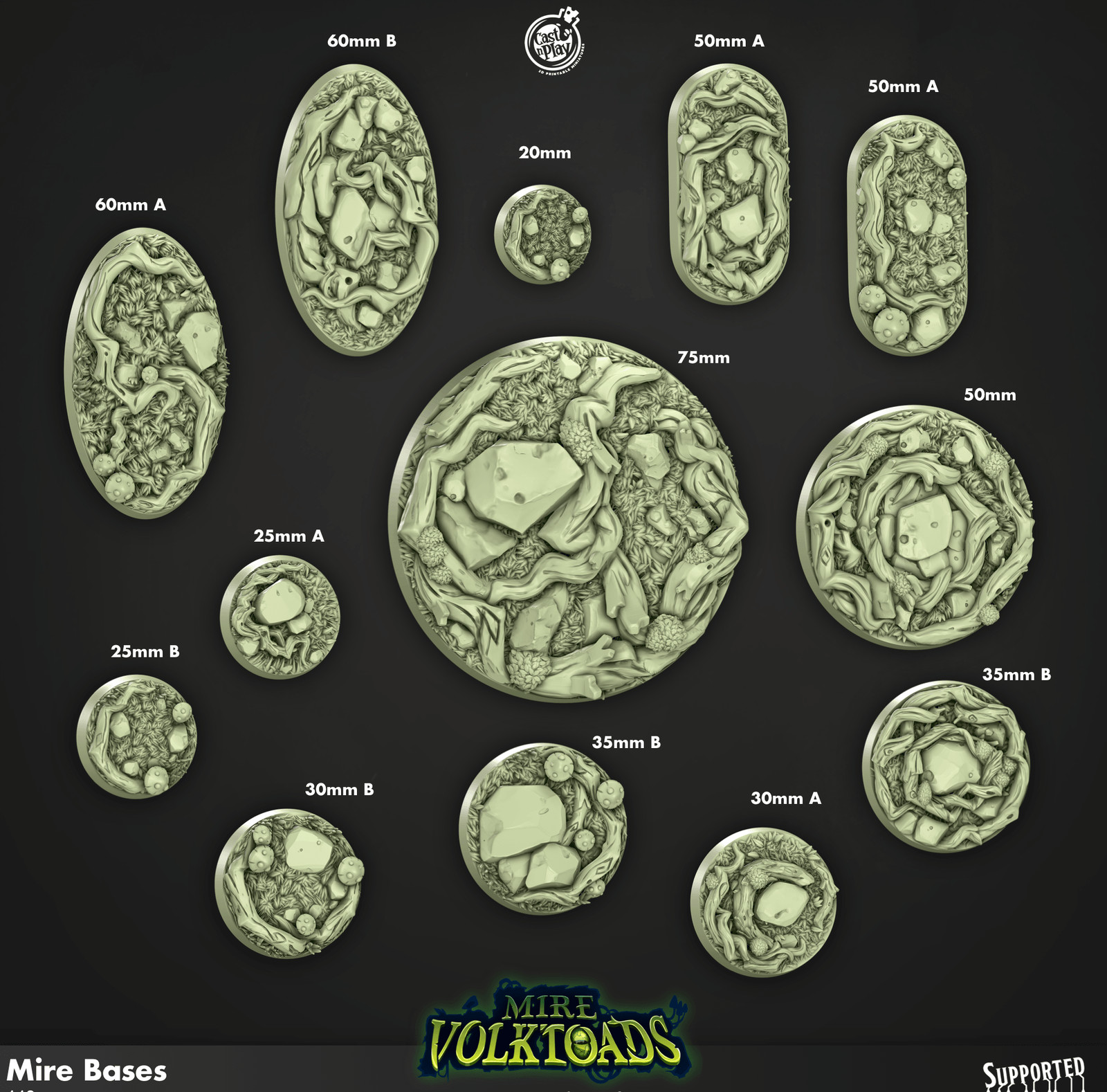 3D Printed Cast n Play Mire Bases Mire Volktoads Set 28mm 32mm D&D