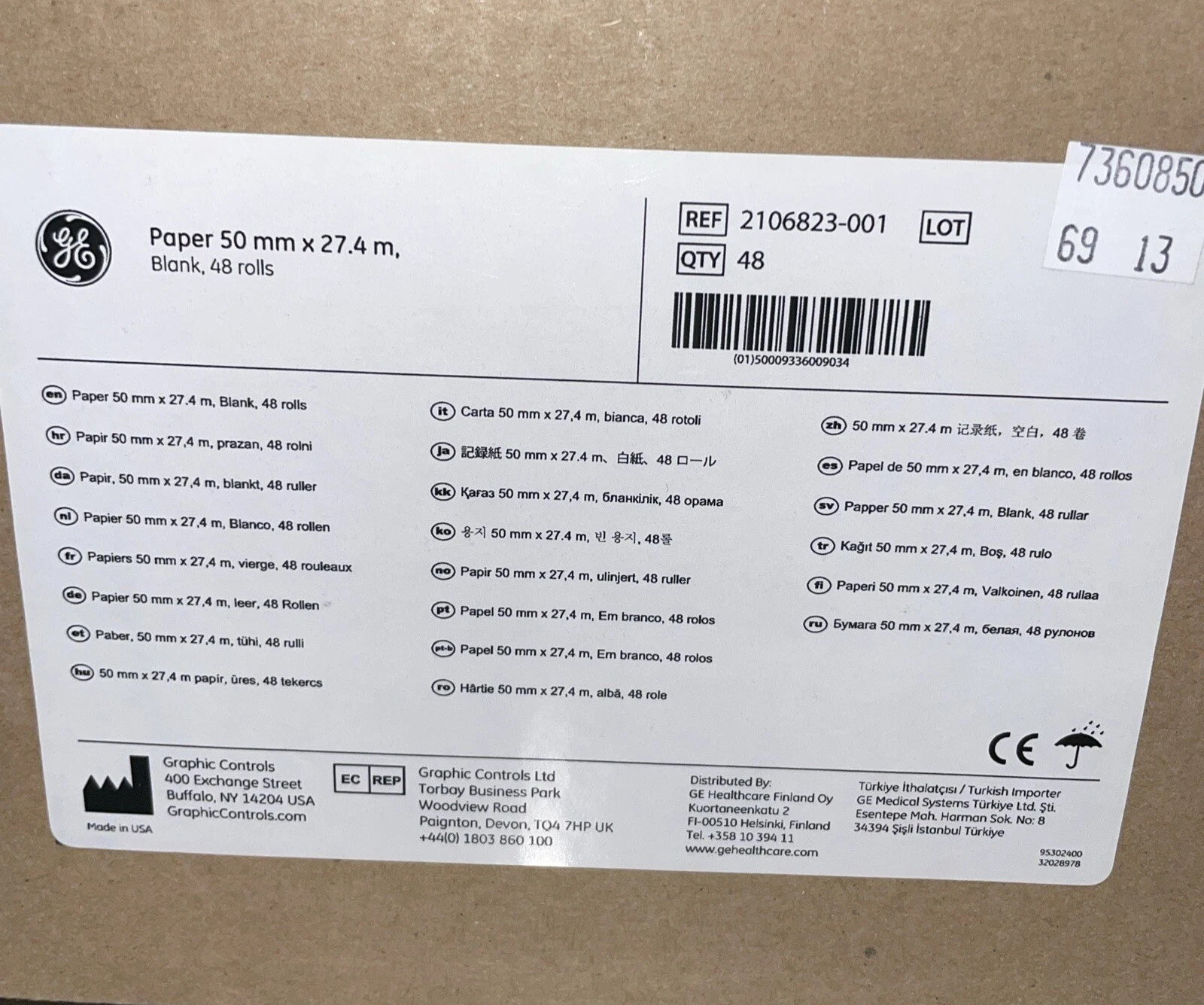 GE Healthcare REF 2106823-001 Thermal Paper 50 mm x 27.4 m, Blank, 48 rolls/Cs