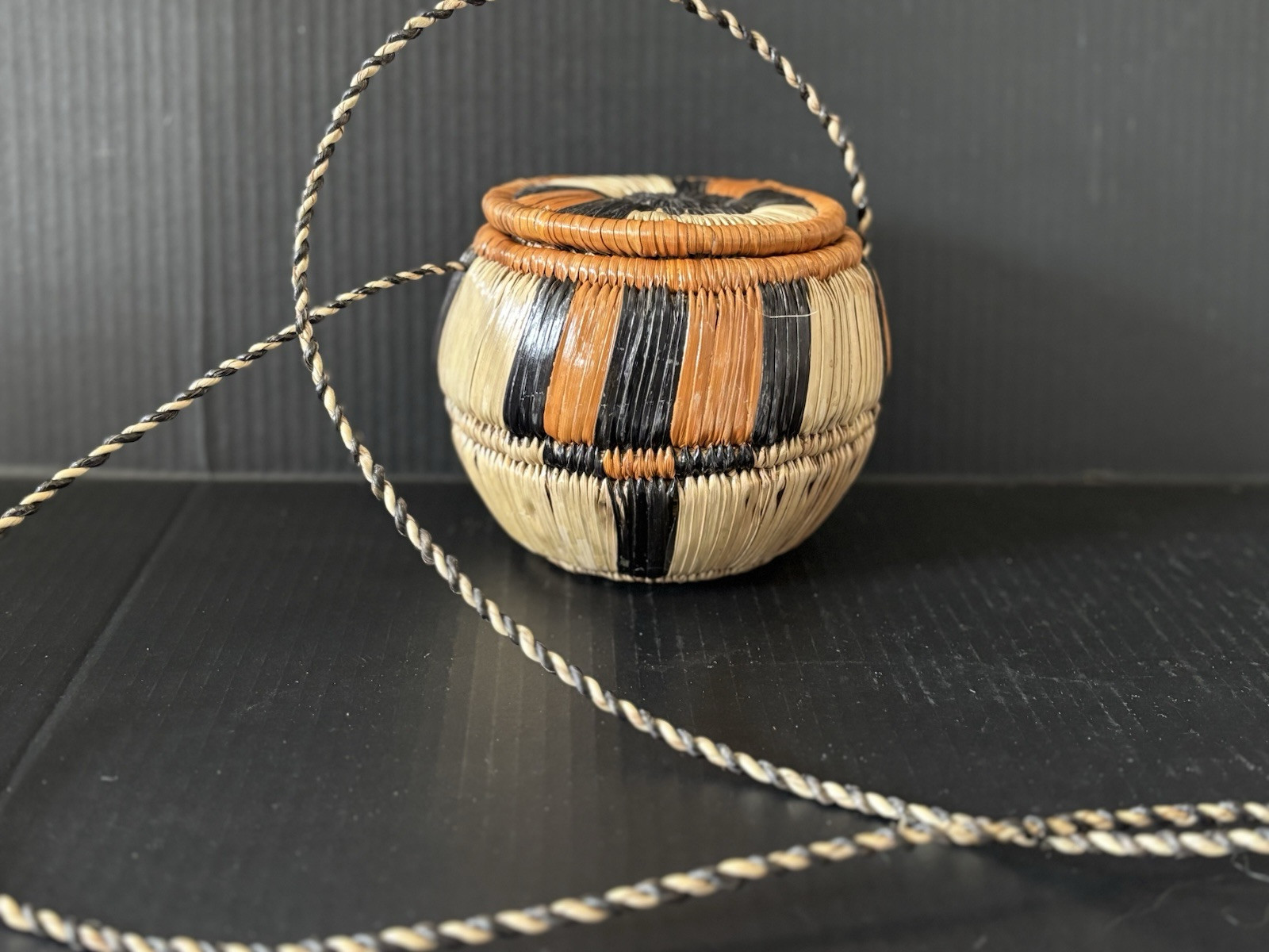 Vintage Zambian Lidded Basket With Strap, Zambia Africa c 1970 6”