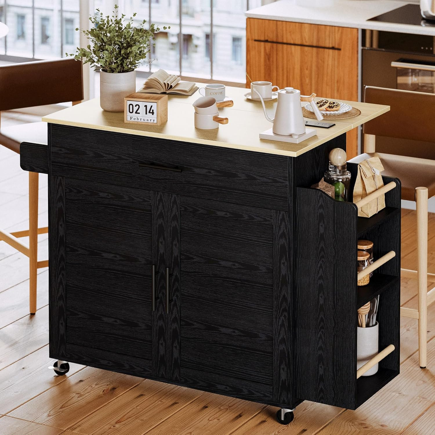 Kitchen Island with Storage, Rolling Kitchen Island on Wheels with Drop Leaf, Ch