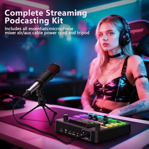 Podcast Equipment Bundle, Audio Mixer with Dynamic Microphone for Matte Black