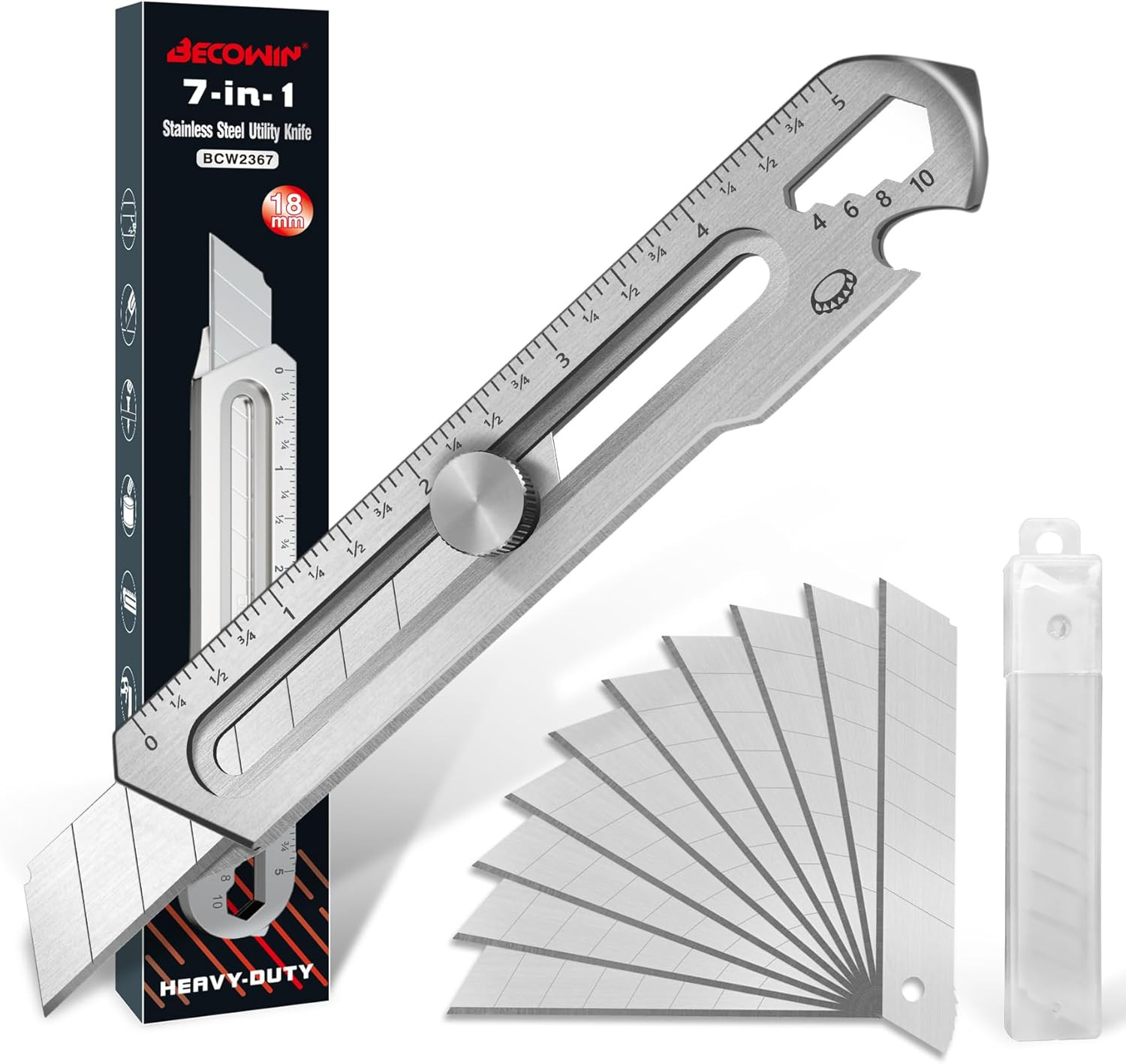 7-In-1 Mutipurpose Utility Knife, Stainless Steel Retractable Box Cutter, Heavy