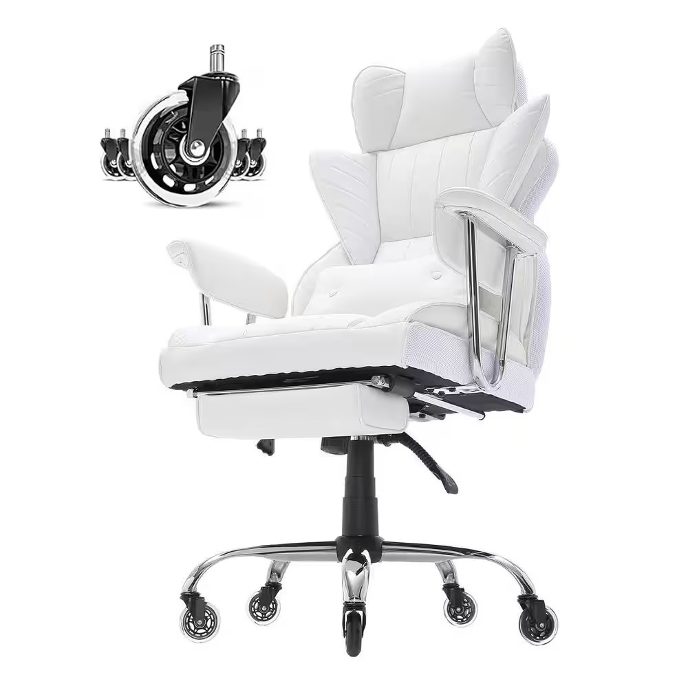 Reclining Office Chair with Footrest, Heavy Duty PU Leather Wide Office Chair, T