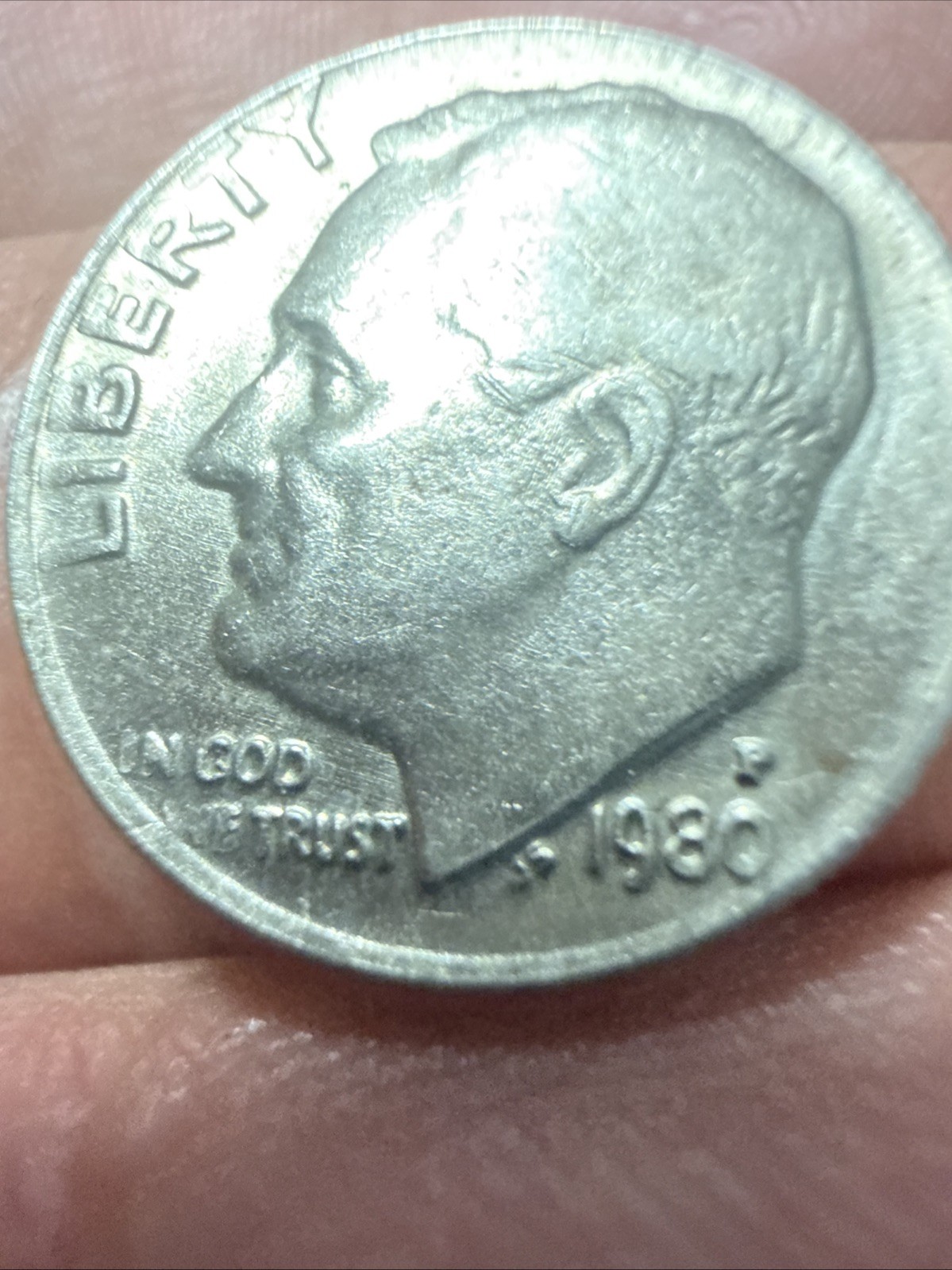 1980 Roosevelt Dime, DD, Missing Letters Reverse Error Coin