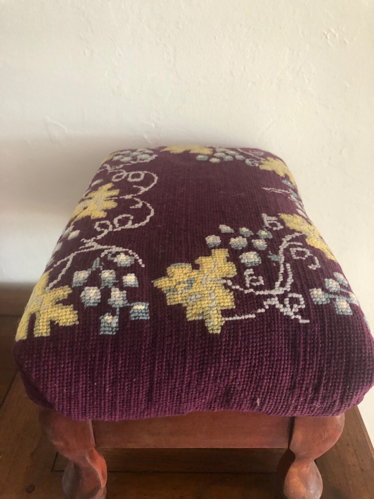 Antique Foot Stool Needlepoint Grapes & Leaf on Plum Background Wool 10" Tall