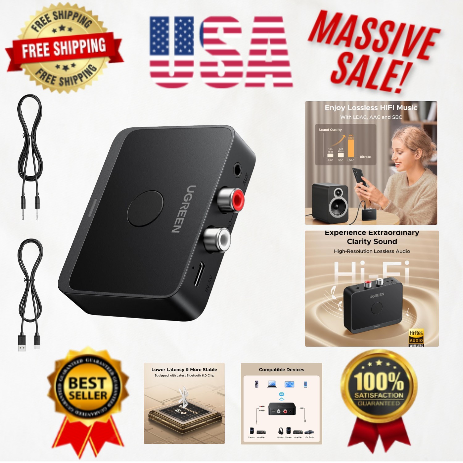 Bluetooth 6.0 Receiver with LDAC Decoding - Connect Two Devices Simultaneously