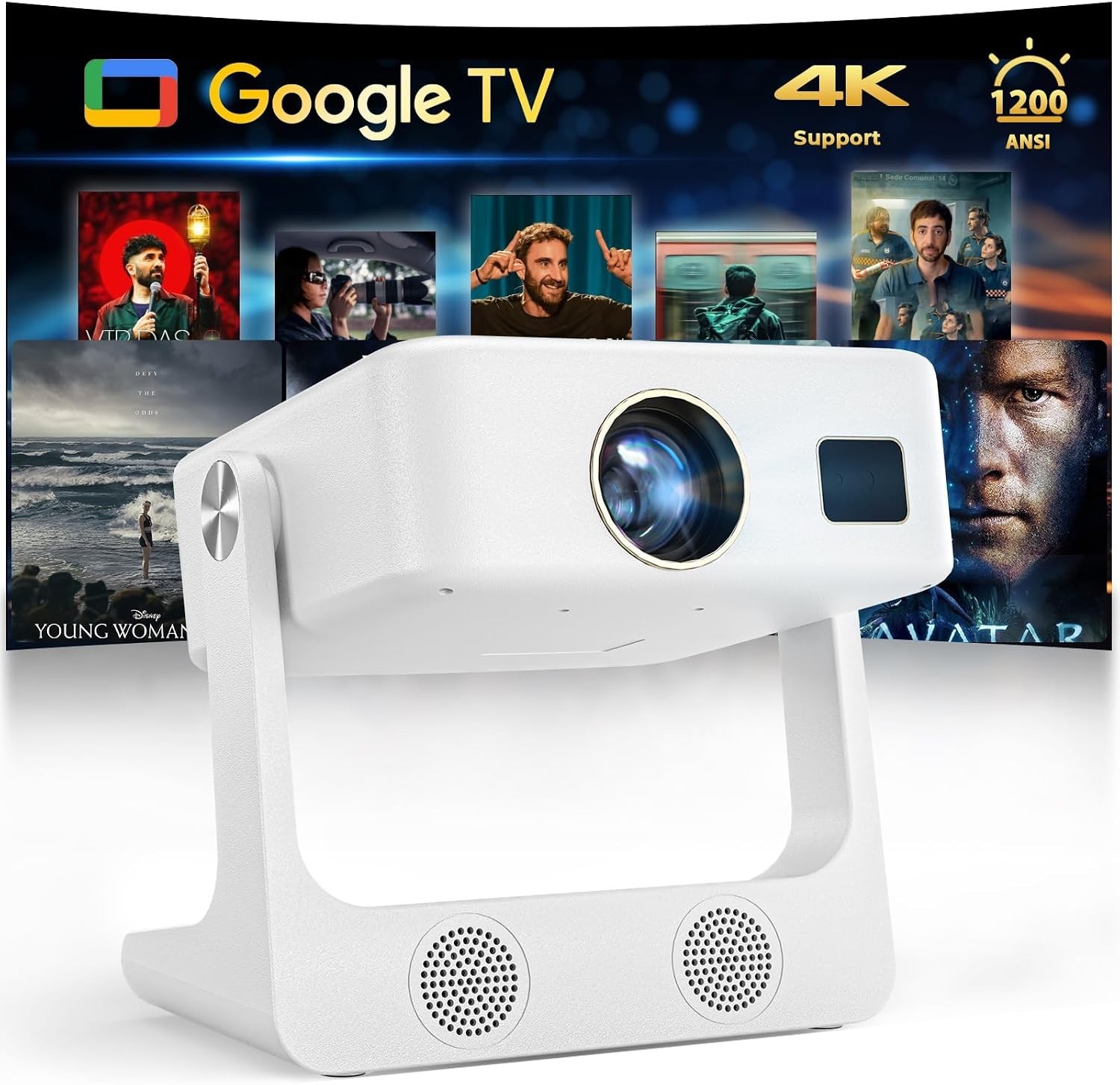 1000 ANSI/Google Store/Voice Control] 4K Outdoor Smart Projector with WiFi6 and