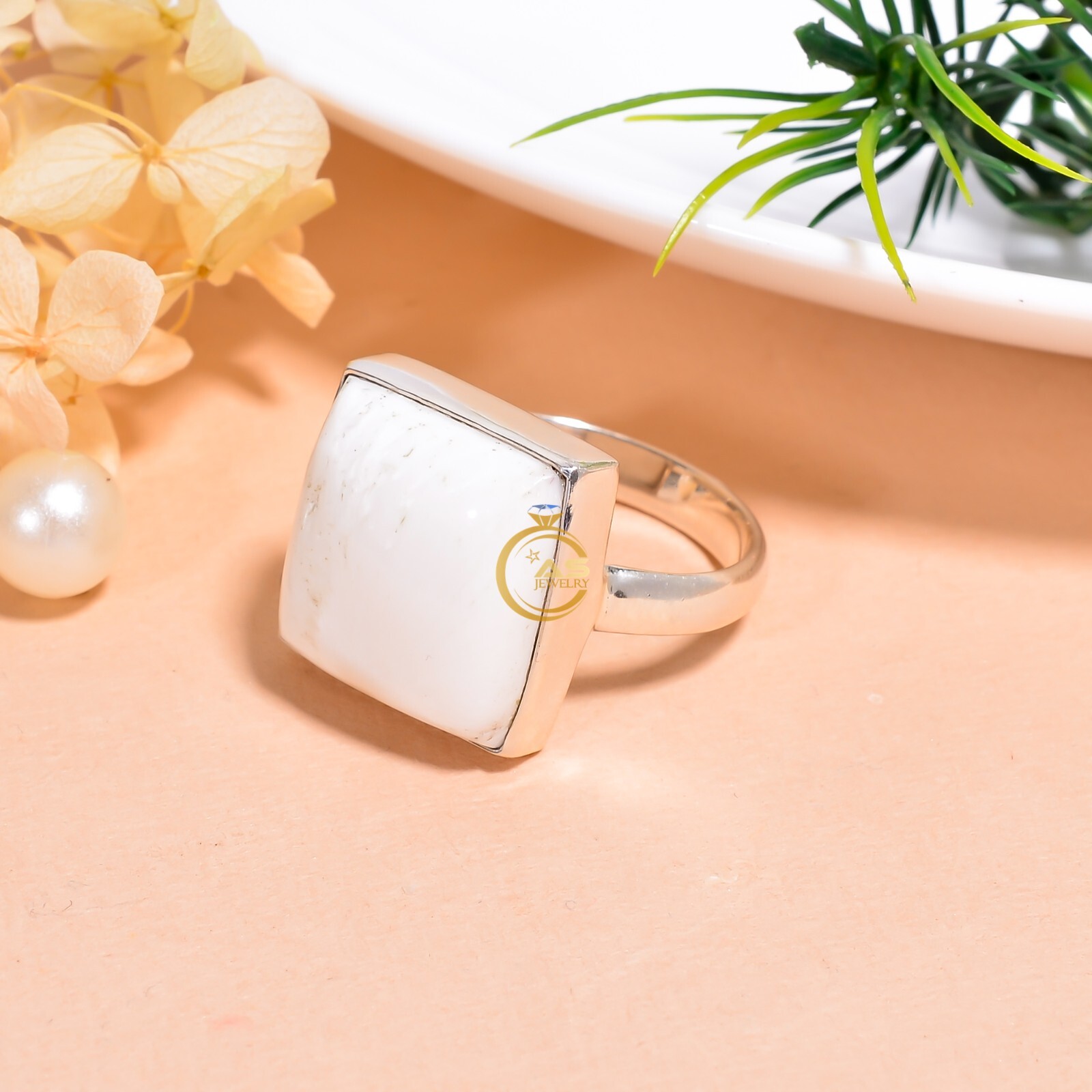 Natural White Scolecite Ring 925 Sterling Silver Handmade Statement Boho Rings