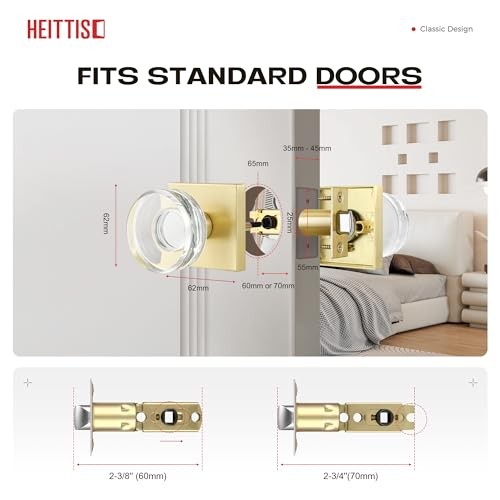 Door Knob,Round Glass Door Knobs Interior Modern Classic 1 Pack Gold Passage