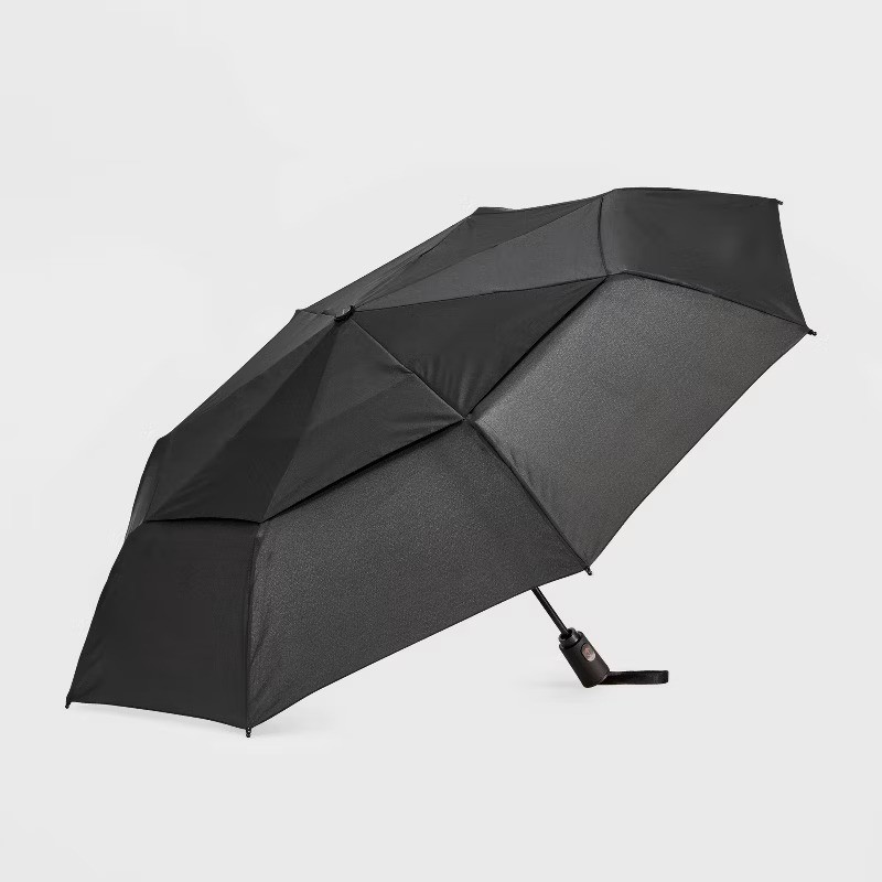 Auto Open Auto Close Compact Umbrella - Black: Solid Polyester