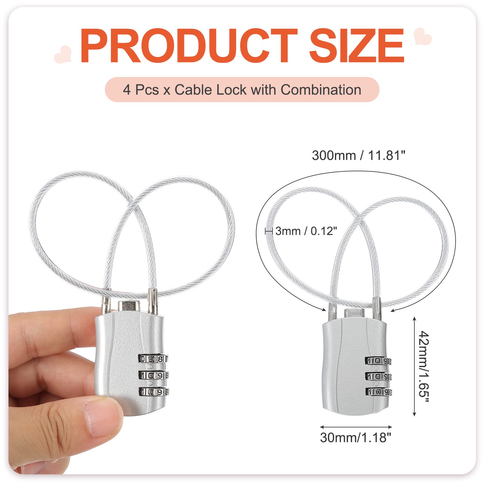 4 Pcs 3 Digit Luggage Cable Combination Lock with 12" Long Cable, Silver