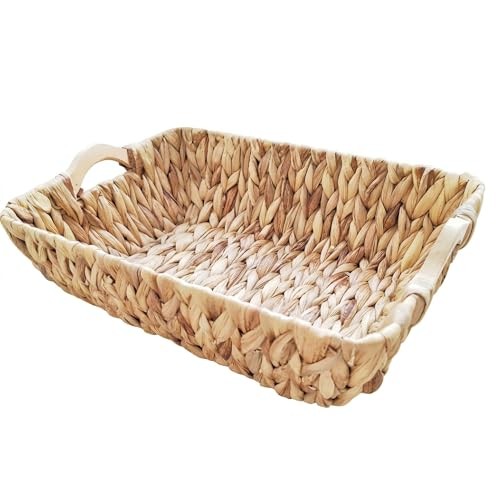 Water Hyacinth Wicker Storage Basket, Handwoven Rectangular Basket with Wooden